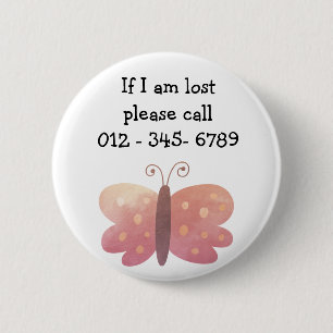 Badge Rond 5 Cm Contact d'urgence pour enfant papillon mou