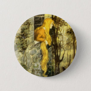 Badge Rond 5 Cm Conte de fées vintage, Rapunzel avec cheveux longs