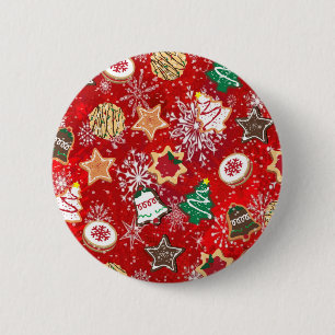 Badge Rond 5 Cm Cookies de Noël et flocons de neige sur fond rouge