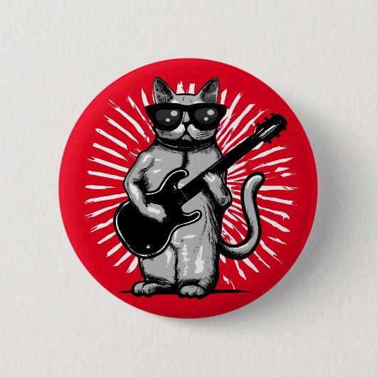 Badge Rond 5 Cm Cool Rock Et Rouleau Chat Jouer Guitare Électrique (Devant)
