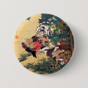 Badge Rond 5 Cm Coq et Hen avec Hydrangeas par Ito Jakuchu