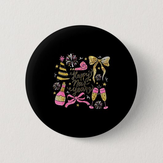Badge Rond 5 Cm Coquette Happy New Year 2026 Champagne New Year's  (Devant)