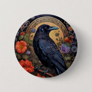 Badge Rond 5 Cm Corbeau noir avec fleurs Design gothique