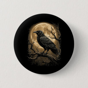 Badge Rond 5 Cm Corbeau noir gothique Lune sombre forêt oiseau