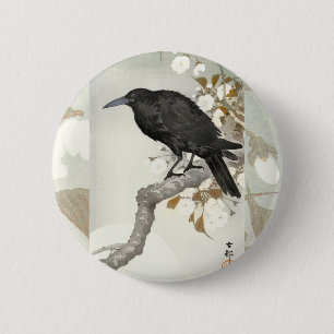 Badge Rond 5 Cm Corbeau Raven Koson Oiseau japonais