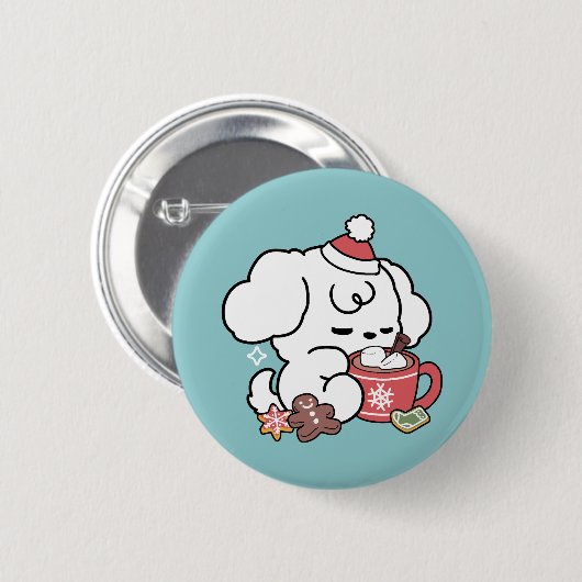Badge Rond 5 Cm Cosy Puppy Dreams - Chocolat chaud et Noël (Devant & derrière)