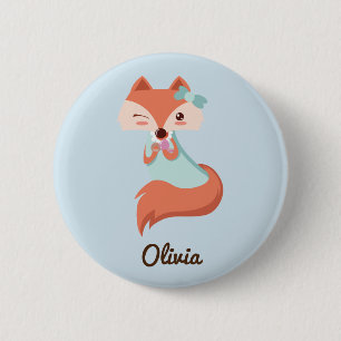 BADGE ROND 5 CM COUPER LE FOX AVEC LE BOW BLEU AJOUTER VOTRE NOM
