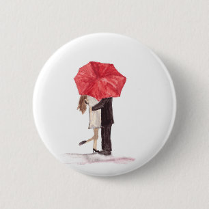 Badge Rond 5 Cm Couple amoureux sous parapluie rouge