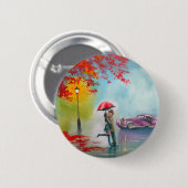 BADGE ROND 5 CM COUPLES ROMANTIQUES DE PARAPLUIE ROUGE DE JOUR (Devant & derrière)