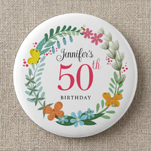 Badge Rond 5 Cm Couronne de fleurs d'été papillon pour fête d'anni