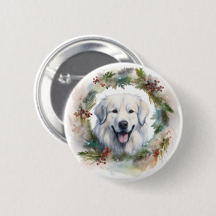 Badge Rond 5 Cm Couronne de Noël des Grandes Pyrénées Chien de fêt