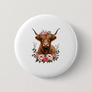 Badge Rond 5 Cm Couronne florale vintage vache des Highlands Bohèm