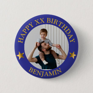 Badge Rond 5 Cm Coutume Gold Blue Joyeux anniversaire photo et âge