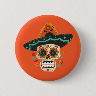 Badge Rond 5 Cm Crâne à sucre avec Casquette Dia de Muertos Badg