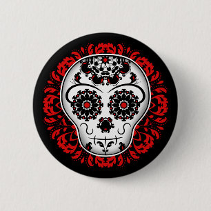 Badge Rond 5 Cm Crâne à sucre sur damas rouge