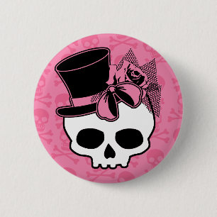 Badge Rond 5 Cm Crâne de fille avec Casquette et cou rose