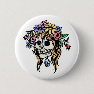 Badge Rond 5 Cm crâne de fille de fleurs