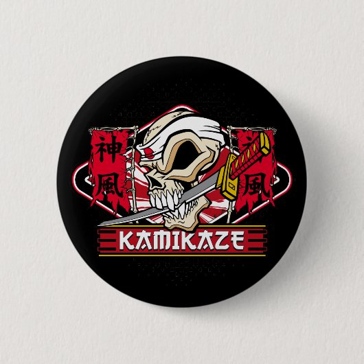 Badge Rond 5 Cm Crâne de kamikaze avec l'épée japonaise (Devant)