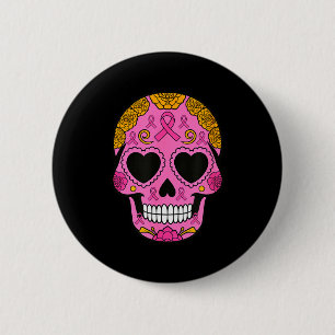 Badge Rond 5 Cm Crâne de sucre Ruban rose de sensibilisation au ca