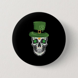 Badge Rond 5 Cm Crâne de Sucre Saint-Patrick Leprechaun Trèfle