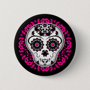 Badge Rond 5 Cm Crâne de sucre sur la damassé de roses indien
