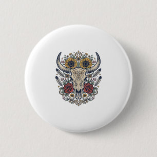Badge Rond 5 Cm Crâne de taureau floral vintage occidental