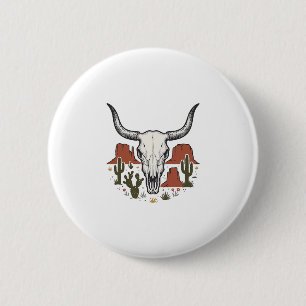 Badge Rond 5 Cm Crâne de vache du désert Art vintage Cactus Sud-Ou