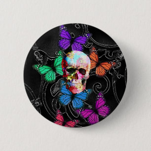 Badge Rond 5 Cm Crâne d'Imaginaire et papillons colorés