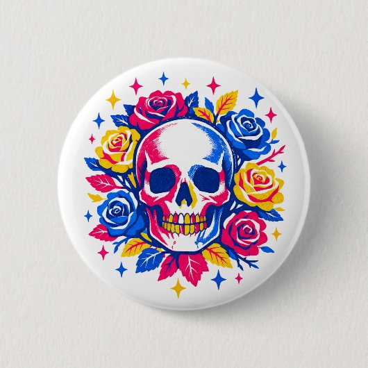 Badge Rond 5 Cm Crâne et fleurs (Devant)