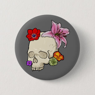 Badge Rond 5 Cm Crâne et flore
