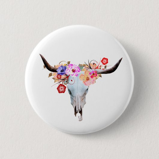 Badge Rond 5 Cm Crâne floral rustique de Boho Longhorn (Devant)