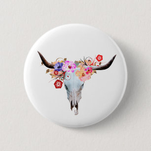 Badge Rond 5 Cm Crâne floral rustique de Boho Longhorn