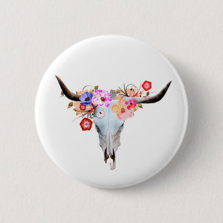 Badge Rond 5 Cm Crâne floral rustique de Boho Longhorn
