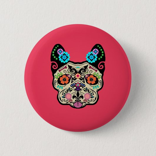 Badge Rond 5 Cm Crâne Frenchie - rose de sucre (Devant)