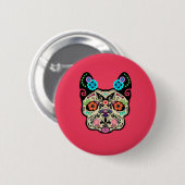 Badge Rond 5 Cm Crâne Frenchie - rose de sucre (Devant & derrière)