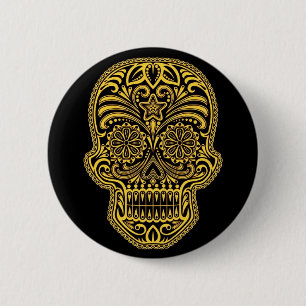 Badge Rond 5 Cm Crâne jaune et noir décoratif de sucre
