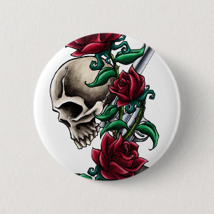 Badge Rond 5 Cm Crâne occidental avec les roses rouges et le
