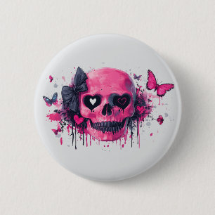 Badge Rond 5 Cm Crâne rose avec papillons et coeurs