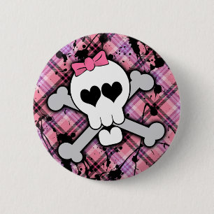 Badge Rond 5 Cm Crâne rose et os croisés avec les coeurs et l'ar