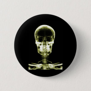 BADGE ROND 5 CM CRÂNE SQUELETTIQUE DE VISION DE RAYON X - JAUNE