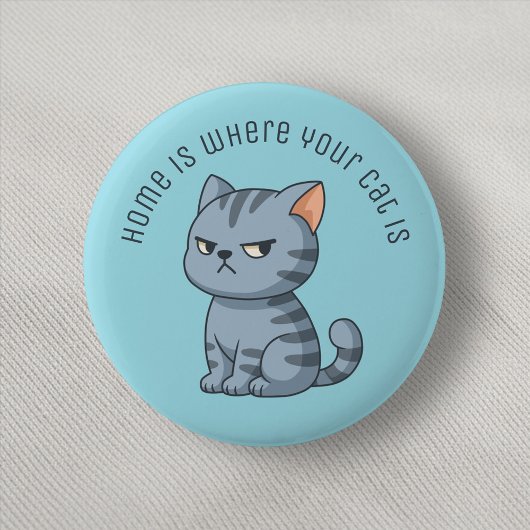 Badge Rond 5 Cm Cranky Grey Tabby Cat Custom Text Blue