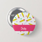 Badge Rond 5 Cm Crayons et rayures jaunes sur blanc (Devant & derrière)