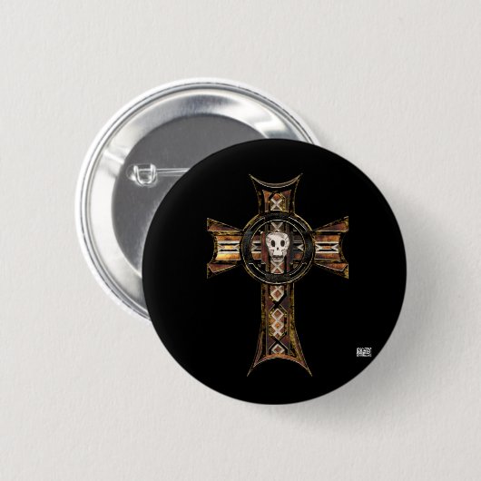 Badge Rond 5 Cm Croix celtique et crâne (or) (Devant & derrière)