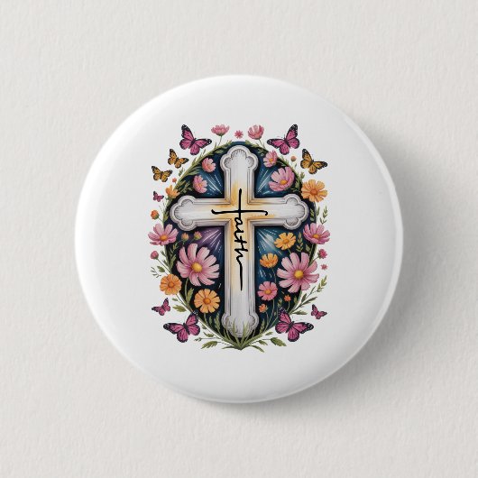 Badge Rond 5 Cm Croix de foi florale (Devant)