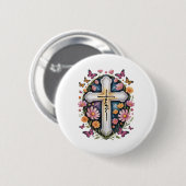 Badge Rond 5 Cm Croix de foi florale (Devant & derrière)