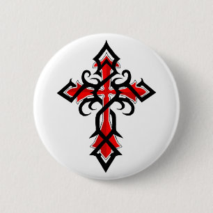 Badge Rond 5 Cm Croix décorative Jésus-Christ rouge et noir