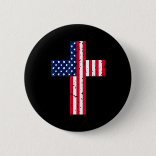 Badge Rond 5 Cm Croix Drapeau États-Unis Chrétien Religieux États-