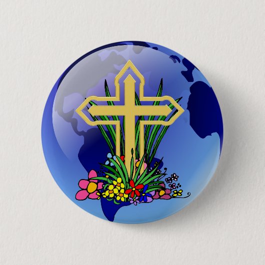 Badge Rond 5 Cm Croix et fleurs d'or (Devant)