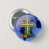 Badge Rond 5 Cm Croix et fleurs d'or (Devant & derrière)