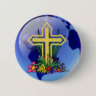 Badge Rond 5 Cm Croix et fleurs d'or